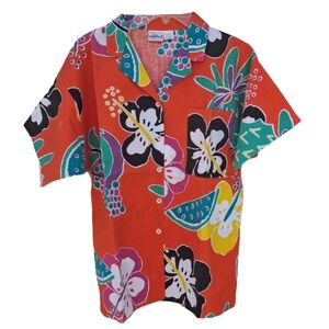 Palmetto's Hawaiian Orange Button Short Sleeve Summer Blouse Women Size Medium